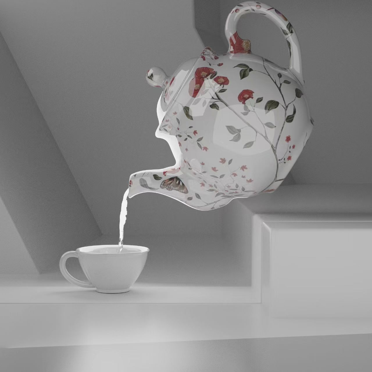Floral porcelain teapot pouring into a cup
